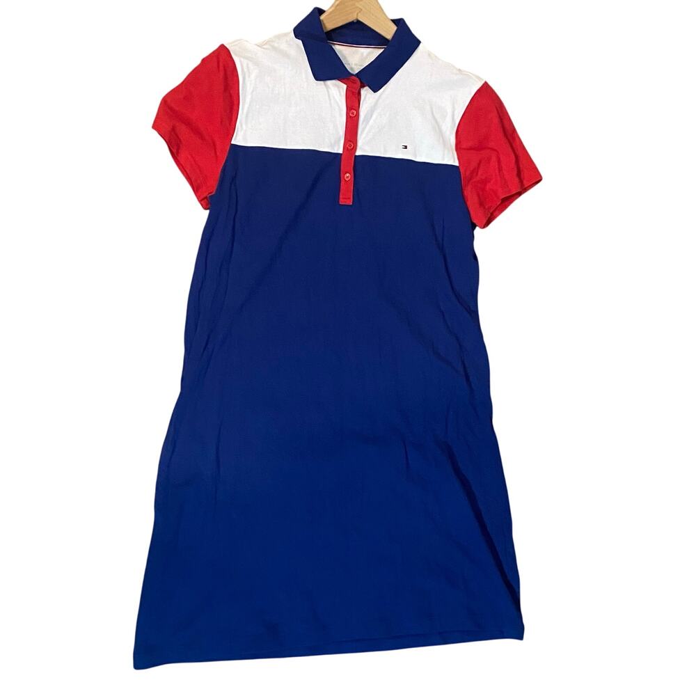 Tommy Hilfiger Colorblock Polo Dress Flag Logo Back blue red Large preppy sporty